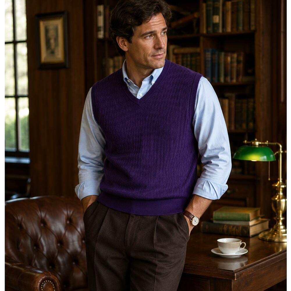 Lyle & Scott Purple Textured Sweater Vest Large Combed Cotton Golf Grandpa Core